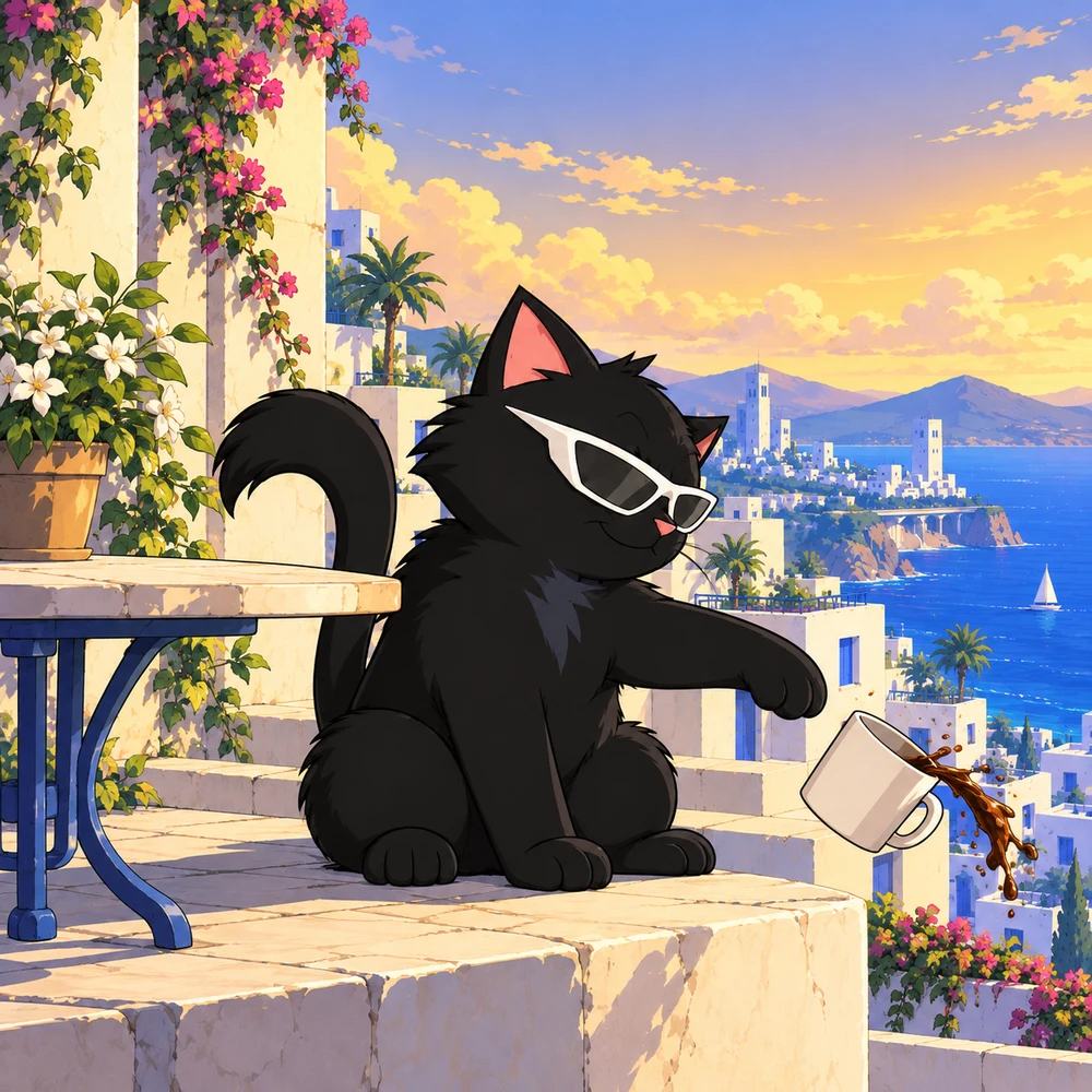 Pangea Cat nudges a coffee mug off the stone terrace table.