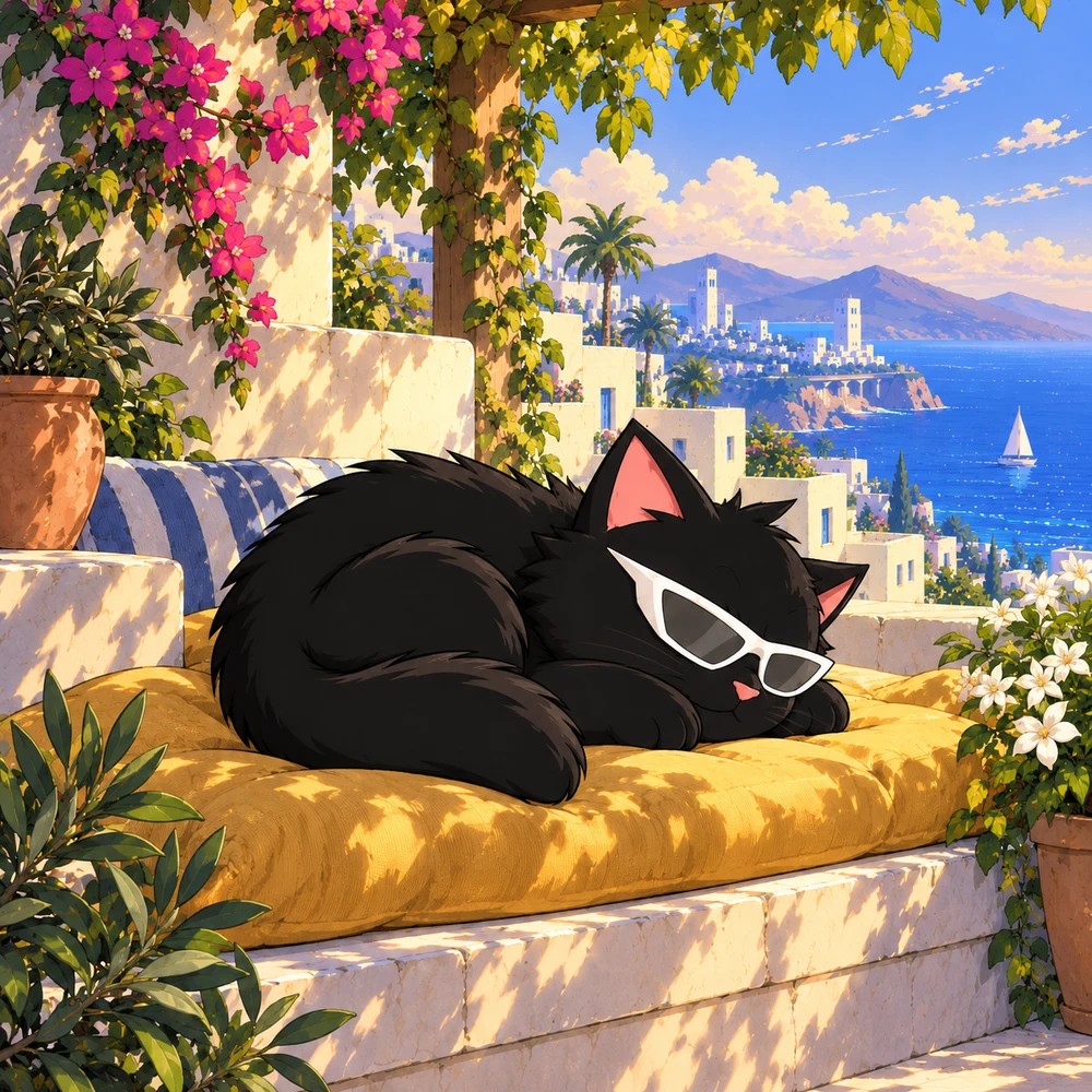 Pangea Cat naps on a golden cushion beneath the terrace plants, sunglasses still on.