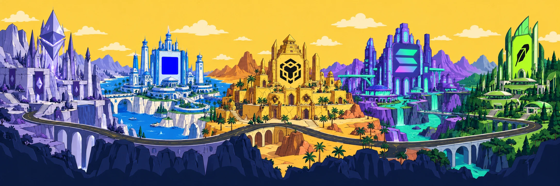 An illustrated world connecting Ethereum’s crystal city, Base’s blue coast, BNB Chain’s golden rooftops, Solana’s neon streets and Robinhood Chain’s green hills. Each network’s emblem is part of its city.